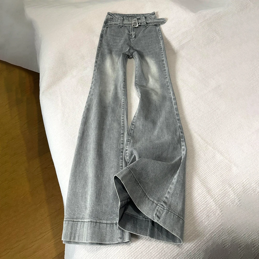 

Женские потертые расклешенные джинсы в стиле ретро, американские винтажные осенние серые длинные брюки с высокой талией, потертые джинсовые брюки, уличная одежда