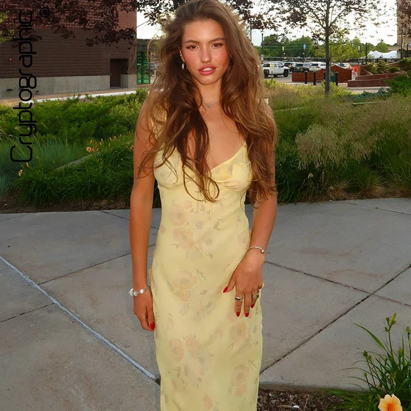 

Floral Print Plunge Maxi Dress Outfits Sexy Backless Fairy Sun Dresses Vacation Beachwear Vestido Coquette