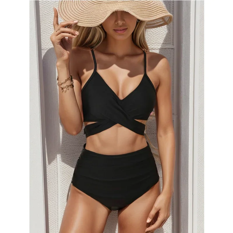 Maiô de duas peças de cor sólida para mulher, 2024 verão novo tankini de cintura alta, alça cruzada com decote em v sem costas praia maiô