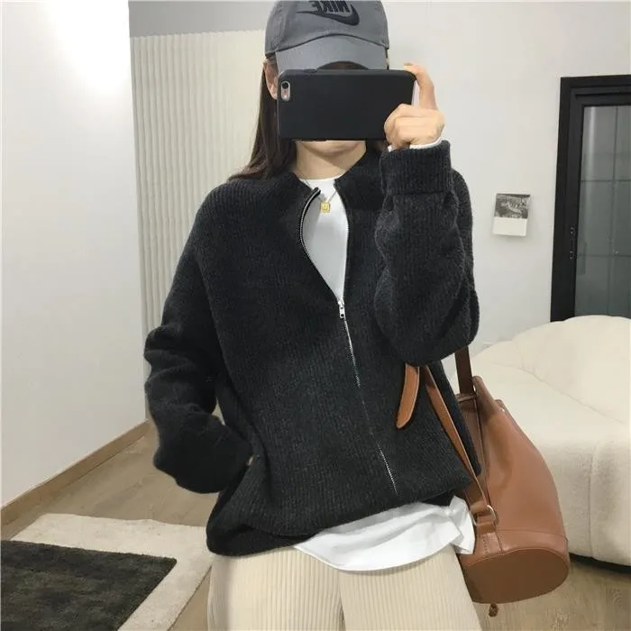여성용 하프 터틀넥 캐시미어 지퍼 카디건, 루즈한 캐시미어 스웨터, 여성 코트, 가을 및 겨울 신상