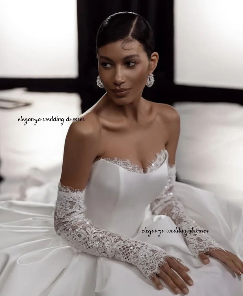 Gaun Malam Satin Putih Kustom Gaun Acara Dipesan Lebih Dahulu Lengan Panjang Dapat Dilepas Tanpa Tali Jubah De Mariee