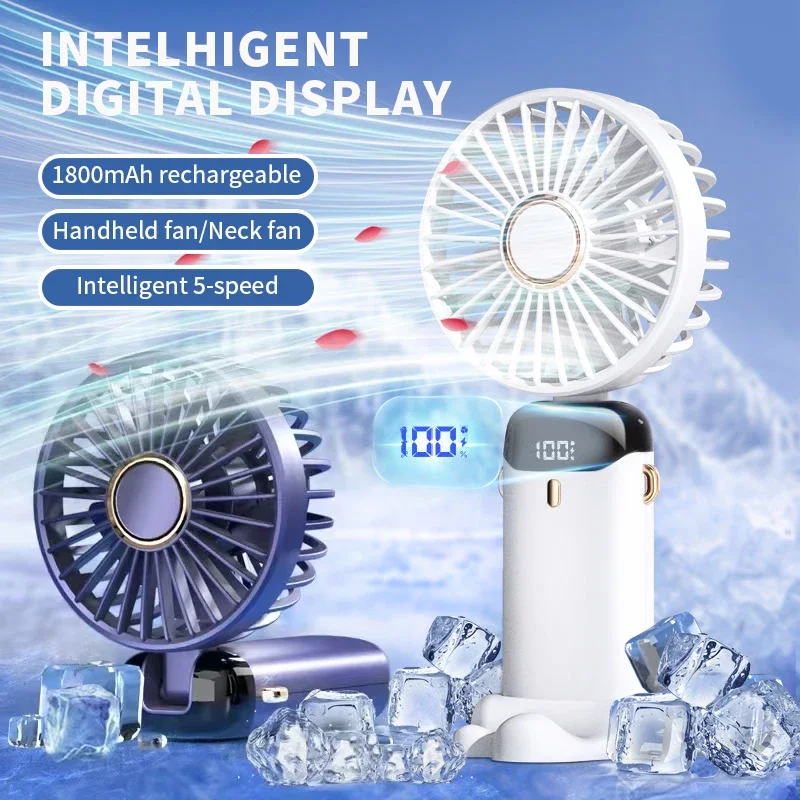 Mini Portable Handheld Fan Foldable Neck Hanging Fans 5 Speed USB Rechargeable Fan with Phone Stand and Display Screen 1800mAh