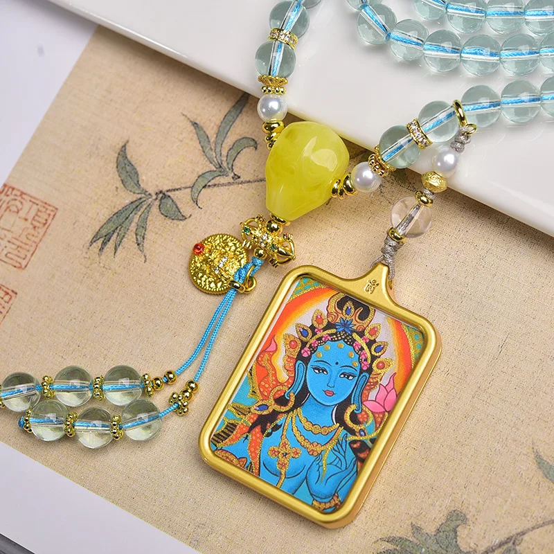 108 Tibetan Green Tara Thangka beads pendant, hand woven in multiple circles,handheld and paired with Thangka cultural ornaments