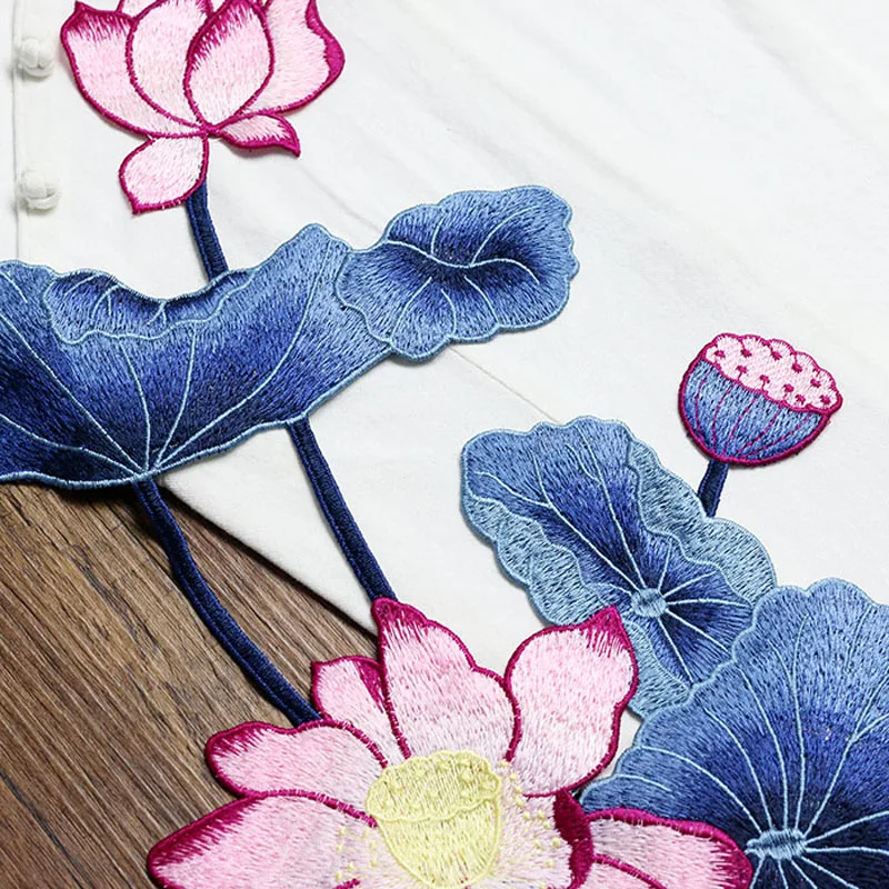 

High Quality Classic Cheongsam Dress Accessories Large Lotus Soft Embroidered Patch Sew On Garment Appliques Patches