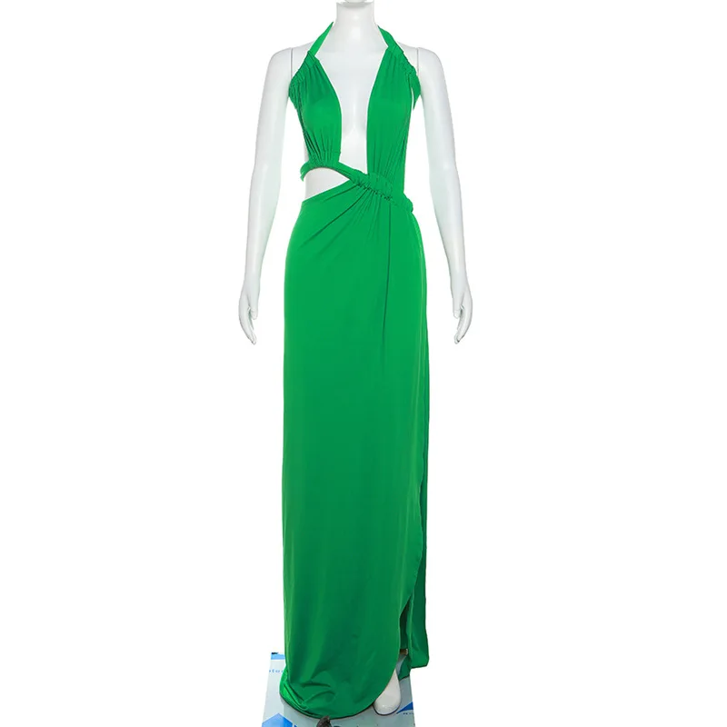 Fashionable Green Ribbon Floor Mopping Party Dress Sexy Hanging Neck Hollow Prom Gown Backless Split Vacation Evening Robes