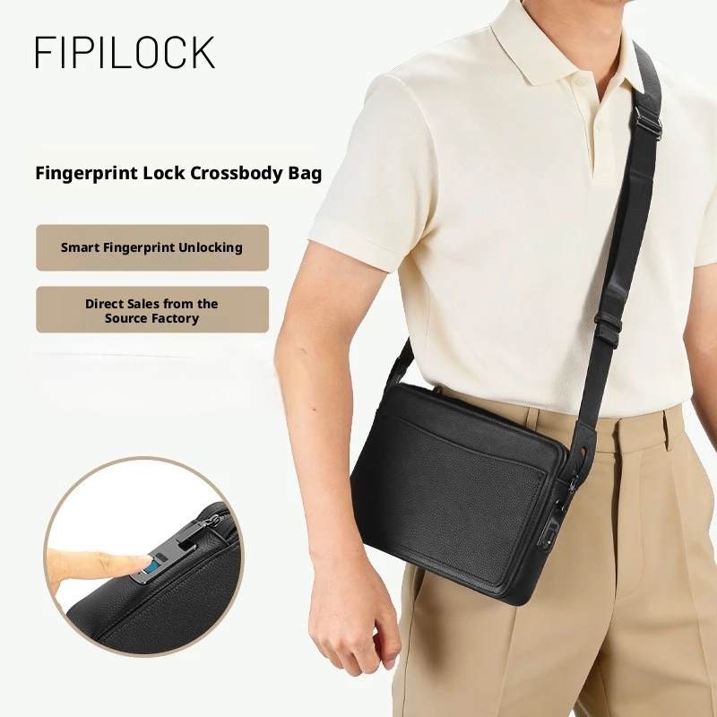 Men Black Genuine Cowhide Leather Fingerprint Lock Crossbody Bag Smart Anti Theft Sling Bag Business Travel Shoulder Bag