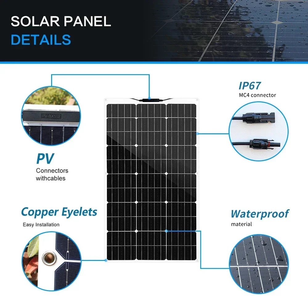 1PCS ~10PCS 100W 18V Solar Panel 100 W 200W 300W 400w 500w 800w 1000w Monocrystalline Flexible Paneles Solares 12V/24V Battery