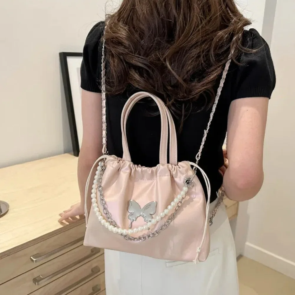 Magnetic Buckle Drawstring PU Backpack Metal Chain Beaded Decor Drawstring Shoulder Bag Versatile Solid Color