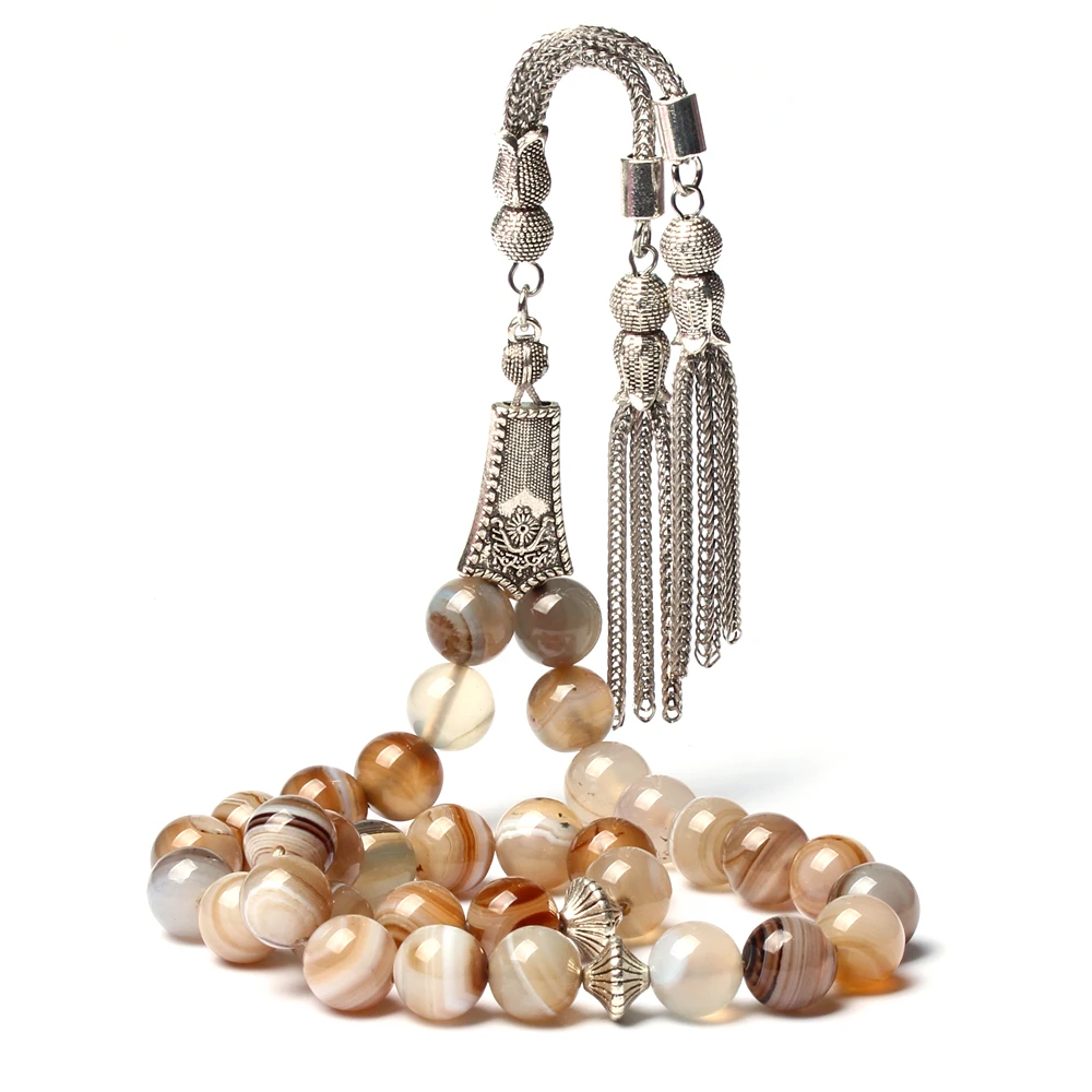 muslim tasbih Natural grey color agate stone silver tassel islamic rosary