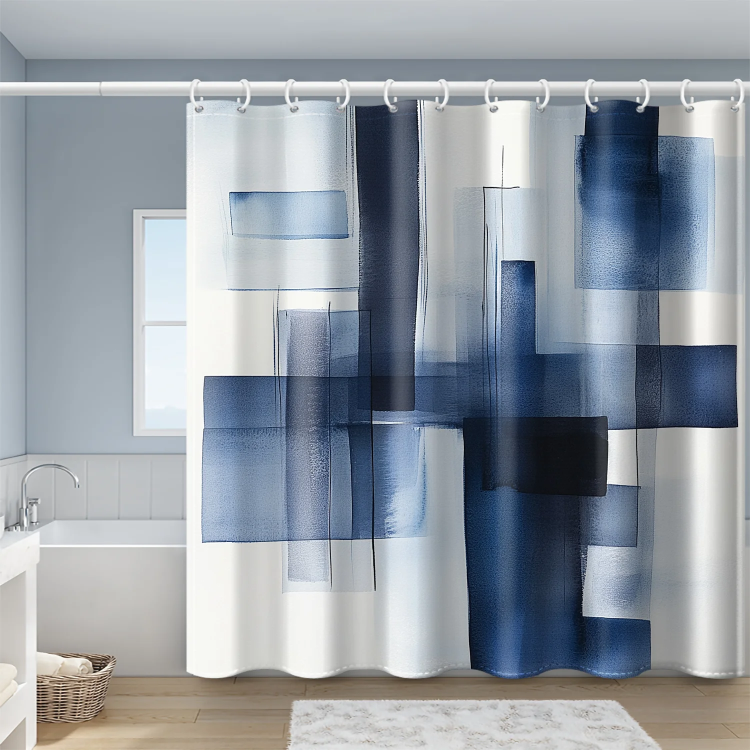 blue geometric abstract print shower curtain european modern minimalist home decor with plastic hooks machine washable