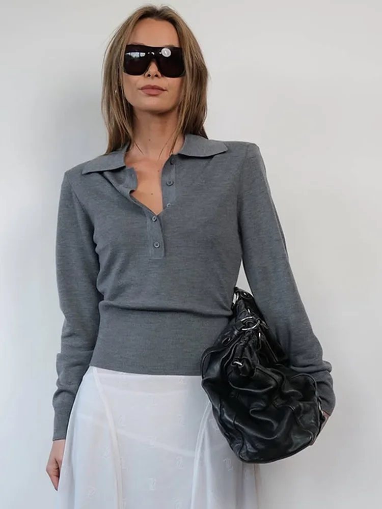 Polo Top Long Sleeve Button Placket Slim Fit Ribbed Daily Office Streetwear Henley Collar Knit Stretchy Casual Fall Top 2026