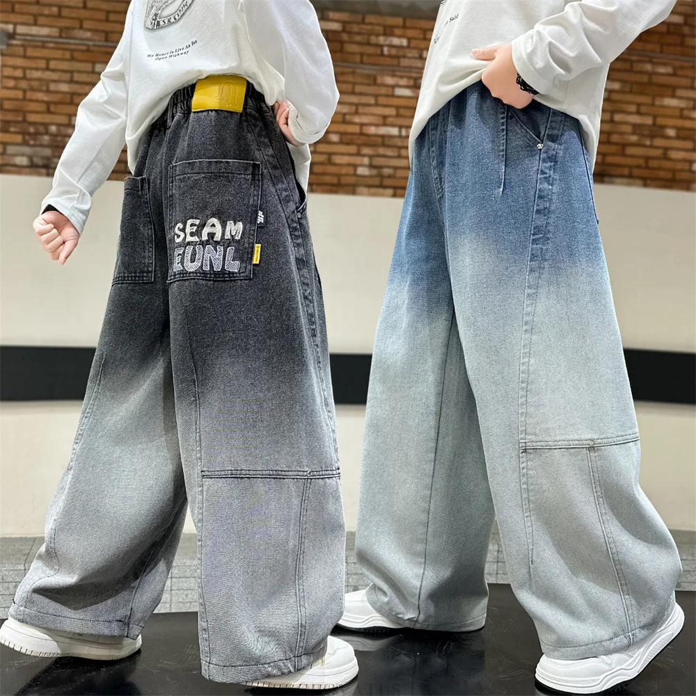 New Kids Designer Black Blue Gradient Jeans School Teenager Boy Casual Denim Pants Child Fashion Jeans Trousers 5 7 9 11 13 14 Y