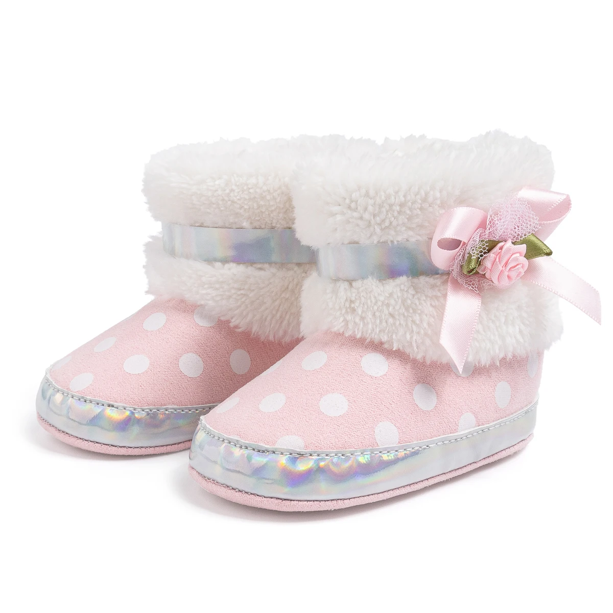 Exquisite Baby Girls PU Leather Booties Pretty Lace Bowknot Flowers Star Soft Anti-slip Sole Winter Warm Toddler First Walkers