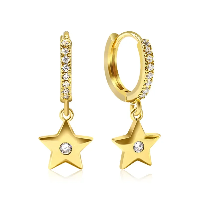 Brass Drop Moon & Star Earrings for Women Jewelry Micro Set Zircon Simple Christmas Earrings Personality Accessories