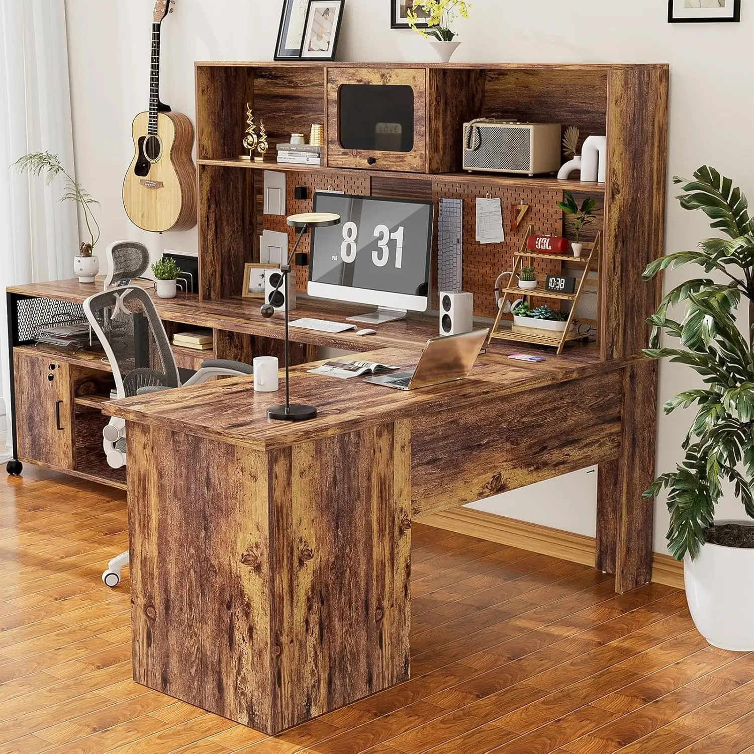 Mesa Unikito em forma de L com gavetas, mesa de escritório de 60 polegadas com tomada de energia e luzes LED, mesa de computador de canto resistente com gaiola