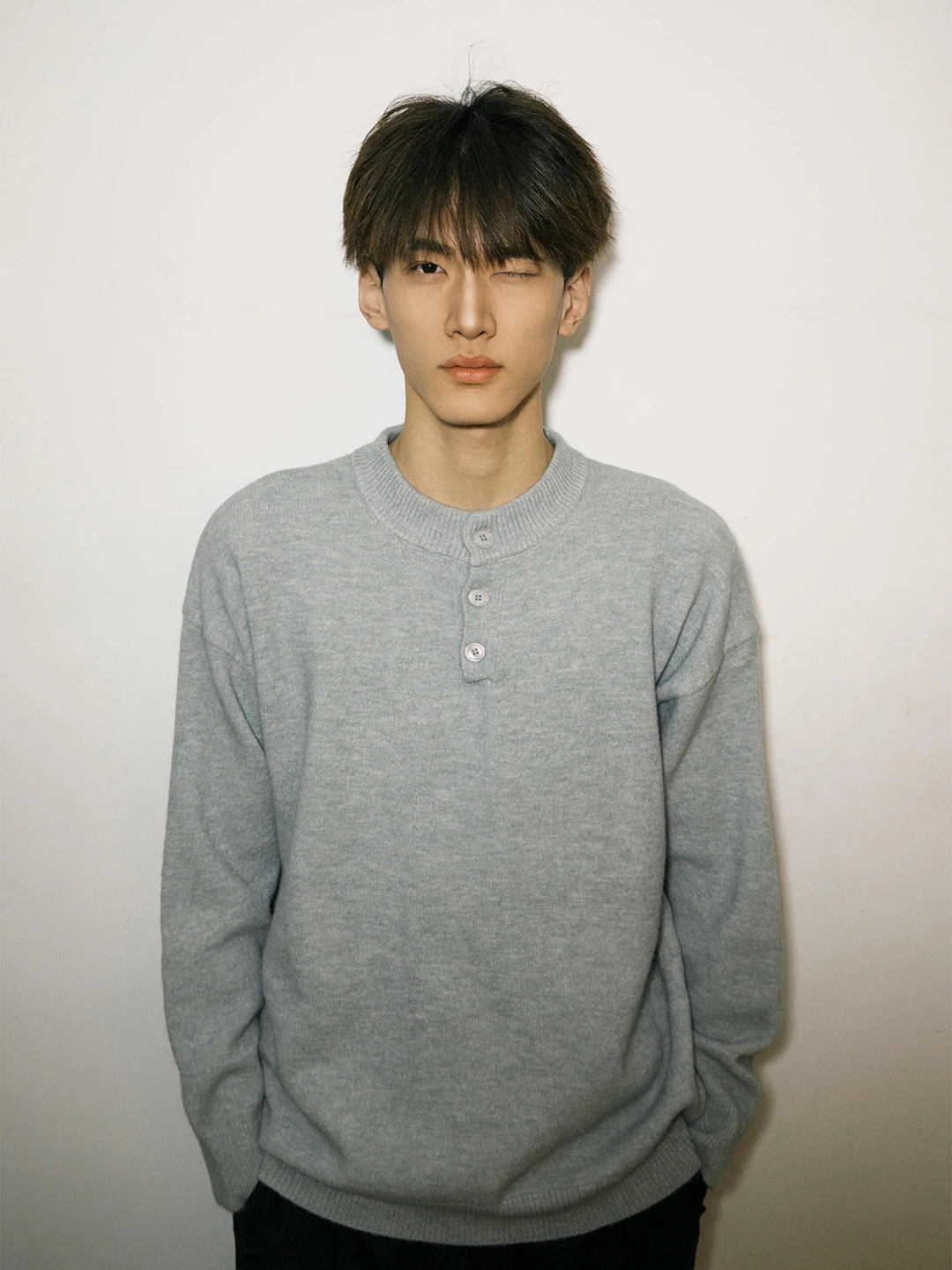 

Мужской вязаный джемпер с воротником хенли, зимний, утепленный, мягкий, базовый слой, теплый, с длинным рукавом, свободный крой