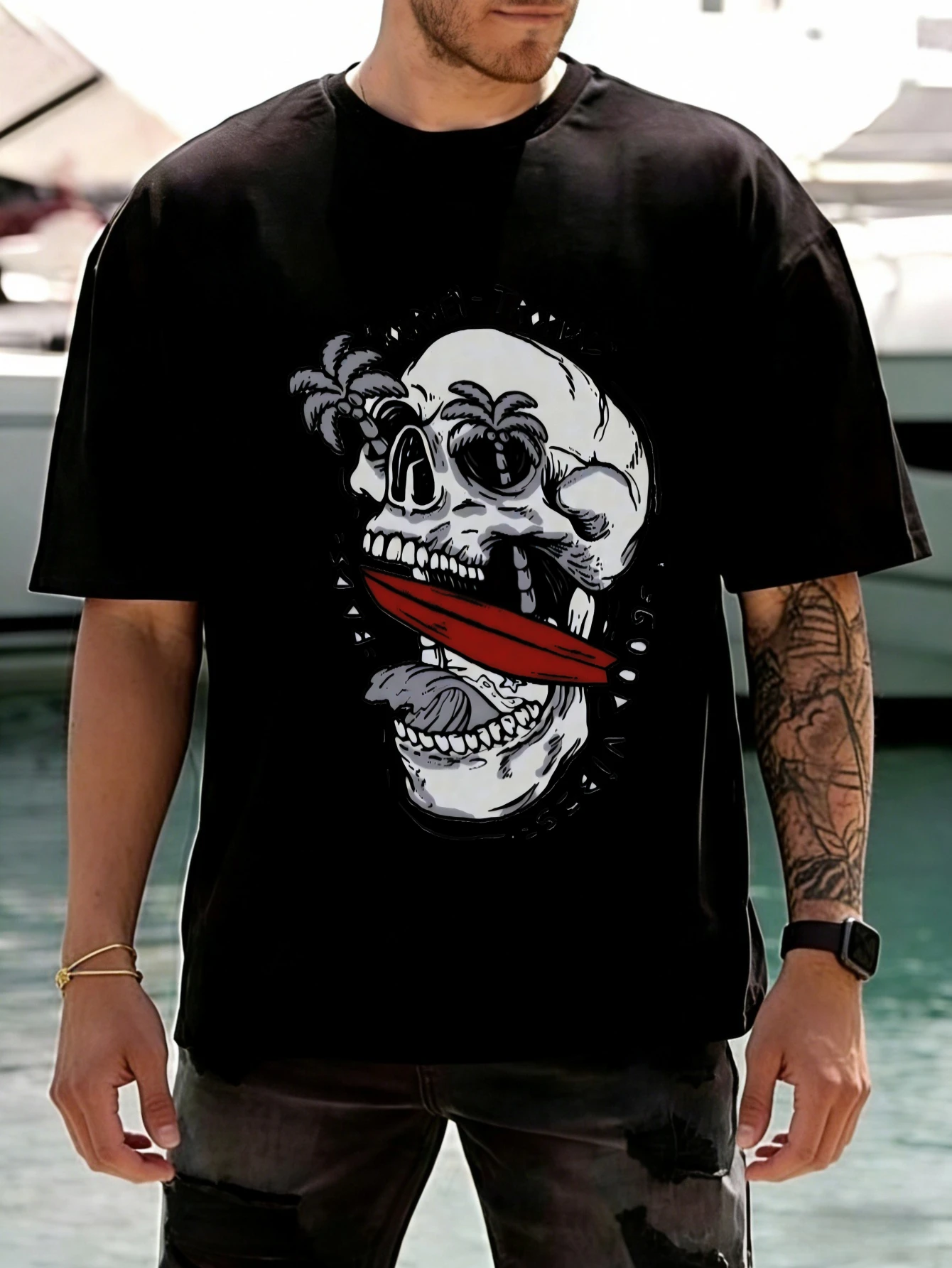 

Mens Oversized Cotton Skull Graphic Printed T Shirt, Short Sleeve Summer Casual Streetwear Tee for Men