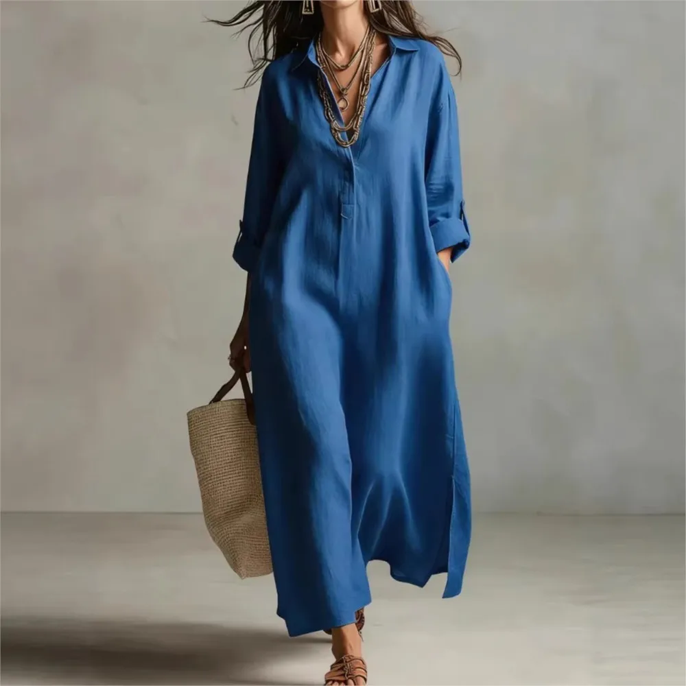 เดรสเชิ้ตผ้าลินินวินเทจสำหรับผ - Casual Loose Linen Shirt Dress บทวิจารณ์และราคา