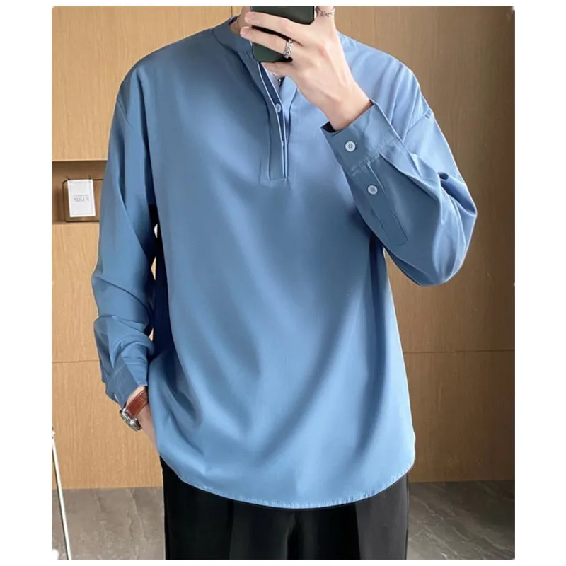 

Men Shirts Spring Stand-up Collar Pullover Loose Long-sleeved Shirt Korean Version Trend Casual Men's Oversized Clothing B0082