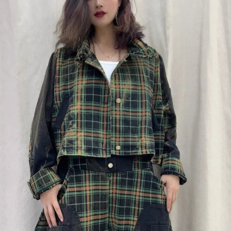 ANJY Autunno Nuove Donne Casual Marea Plaid Monopetto Giacca di Jeans Elegante Streetwear Y2K Tasca di Colore a Contrasto Tuta A8521