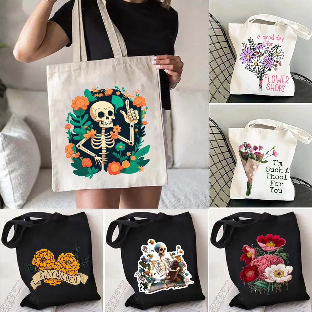 Woman Wild Flower Bouquet Boho Florals Garden Happy Skeleton SUNFLOWER ROSE Shopper Harajuku Cute Canvas Tote Bag Cotton Handbag