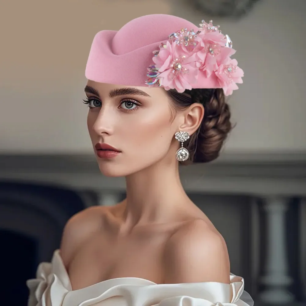 Fashion With Flower Felt Turban Hat Casual Vintage Church Derby Fascinator Hat Soft Tea Party Cap for Women