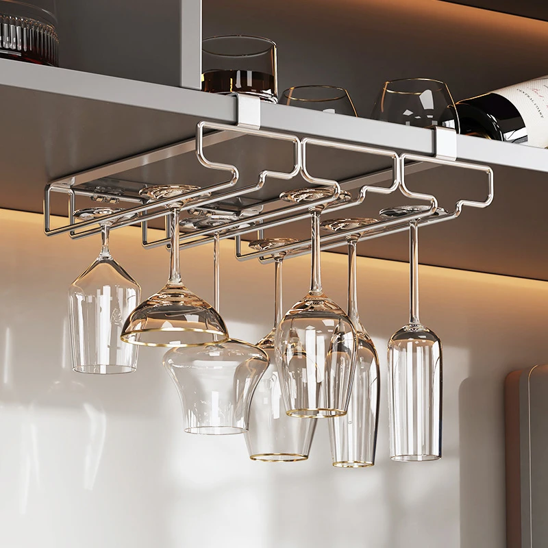 Non perforated inverted iron hanging high footed red wine cup holder, home bar hanging glass storage rack, glass organizer