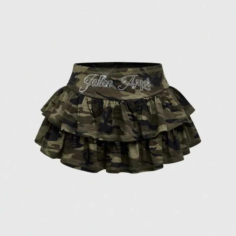 

2026 Cross border American Camouflage Letter Hot Diamond Design Fashionable Sweet Cool pleated Skirt Camouflage Summer Short Ski