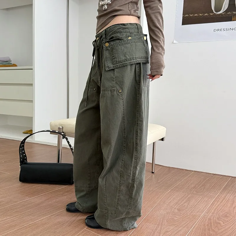 

Fashionable Street American Drawstring Paratrooper Work Pants Autumn and Winter New Straight Leg Wide Leg Washed Pants