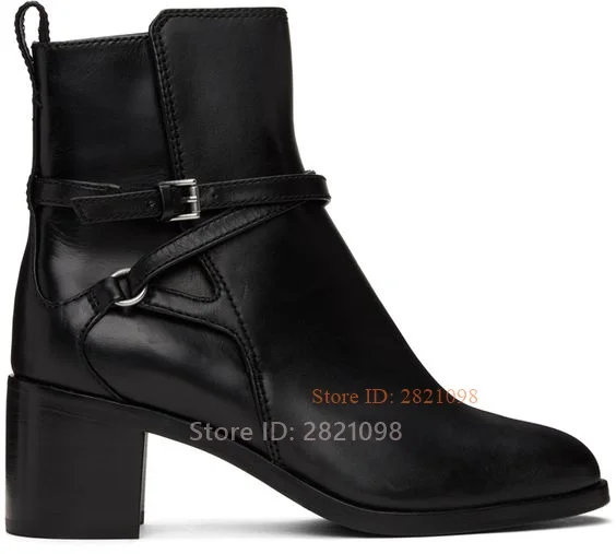 Ankle High Buffed Black Leather Boots Pin Buckle Strap Heeled Ankle Strap Women Chunky Heeled Pointy Dress Shoes
