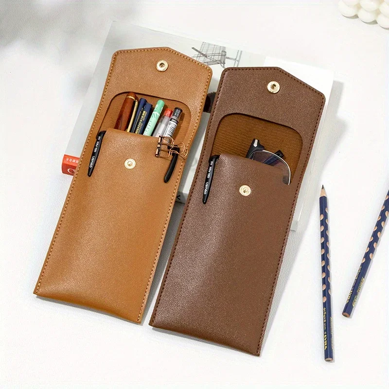 Estojo de Couro PU para Lápis, Bolsa de Armazenamento Portátil para Óculos de Estudante, Bolsa de Papelaria de Grande Capacidade para Escritório e Negócios, Estojo para Canetas