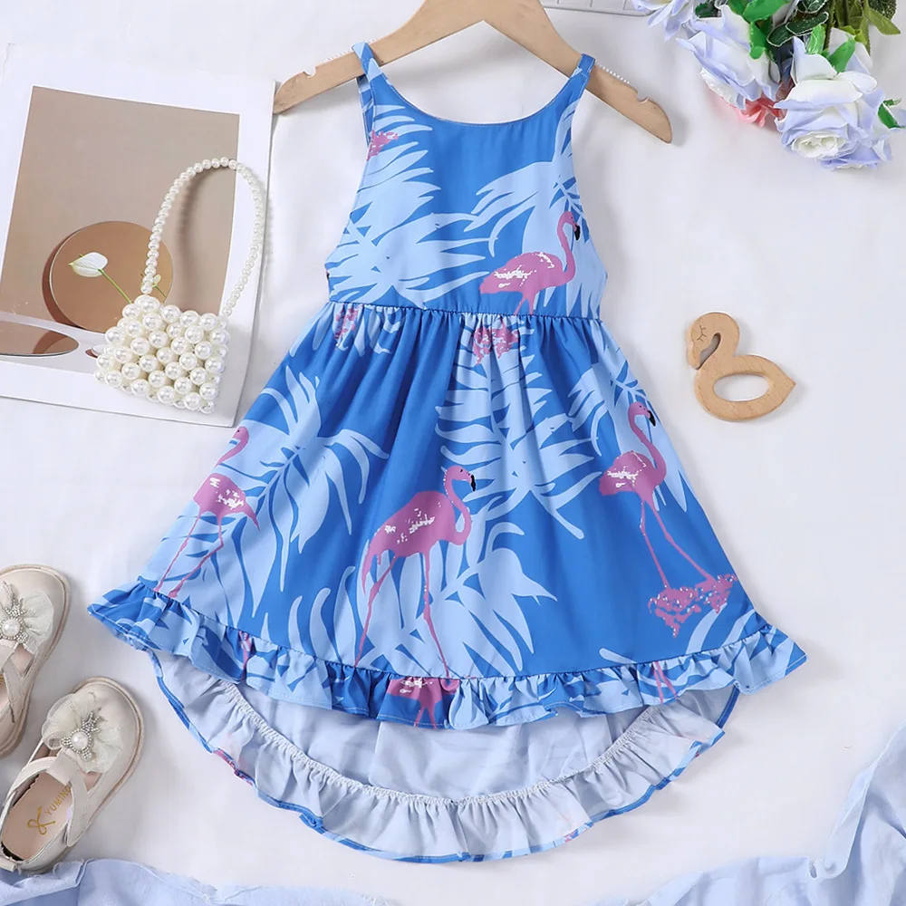 

2024 Summer New Arrival Girls Sleeveless Print Flamingo Blue Designer Cute Party Princess Dress Custume 18M-7T