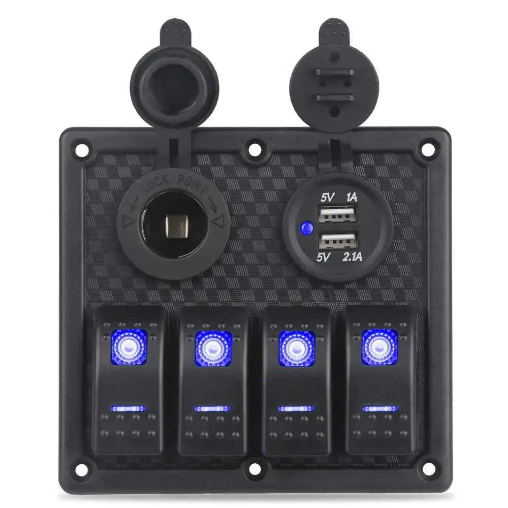 ABS 4 Gang Switch Panel Dual USB Socket Cigarette Lighter Breaker Overload Protector Waterproof RV Yacht Marine Boat Car