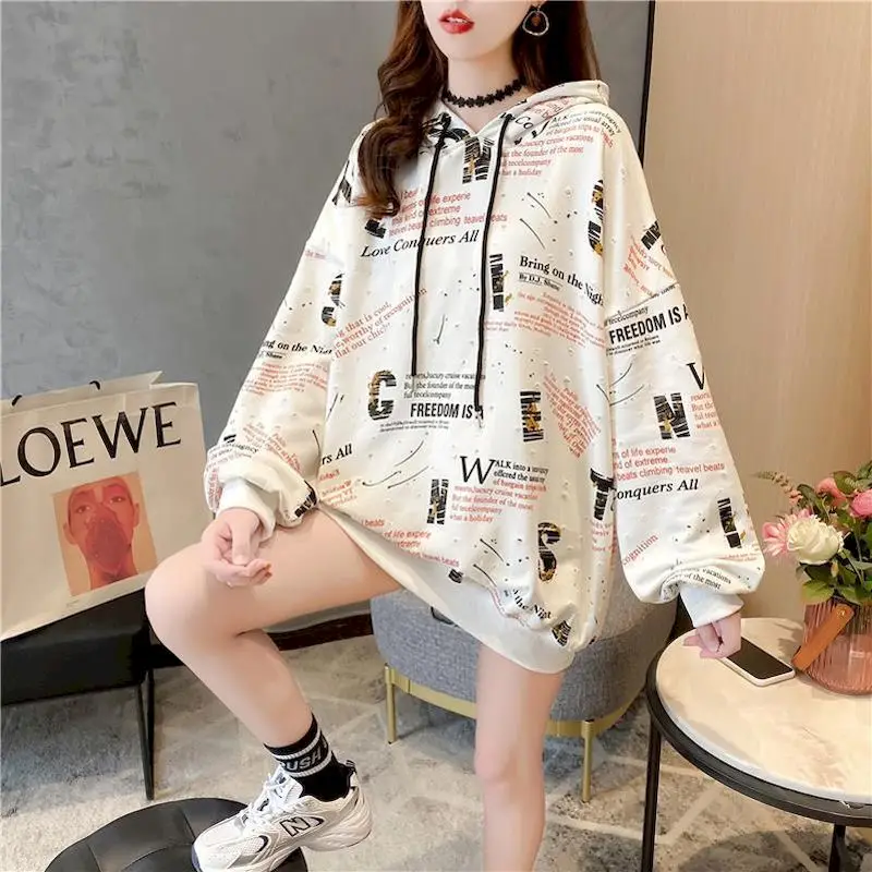 

Large Size Hoodies Women 2024 Spring Autumn Trendy Tops Loose Thin Hooded Pullover Casual Sweatshirts Fashion Print Hoodie Woman