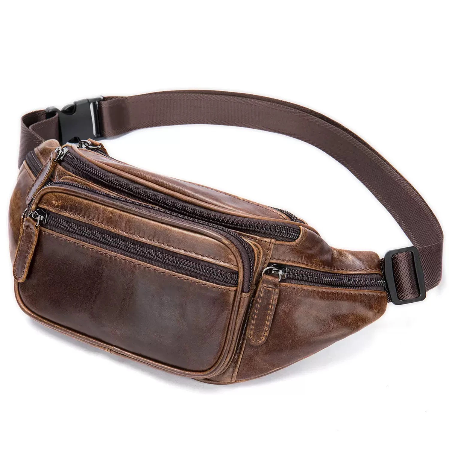 Genuine Leather Fashion Waist Bag Crossbody Bag for Men and Women, Suitable for Outdoor Travel, Hiking, Camping, Walking, Running, Ultra-Thin Hip Belt Bag, Phone Wallet Pouch, Coffee Color