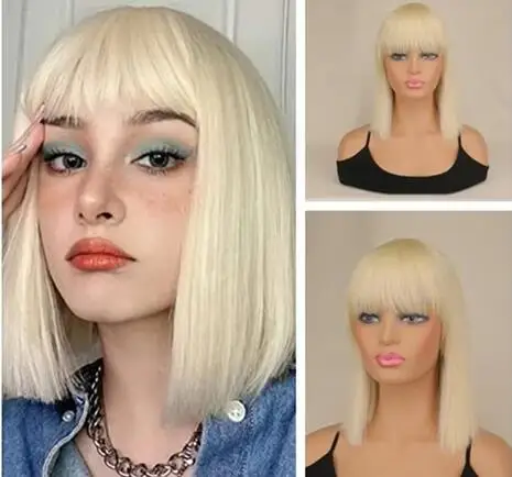 Women's Short Blonde Bob Wigs with Hair Bangs Synthetic Full Hair Wig Heat Resistant Short Straight Blonde Wig for Women