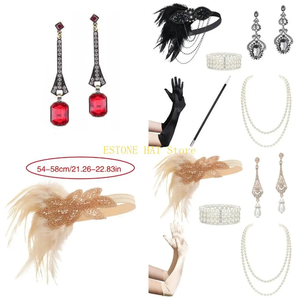 49MF Vintage Flapper Costume Set Necklace Earring Gloves Headband for Cocktail Party