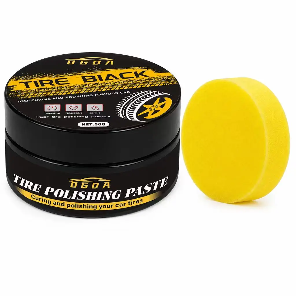 50g Tire Black Polish Paste, Restores Deep Black Shine, Long Lasting Anti UV Protection, Easy Apply with Sponge.