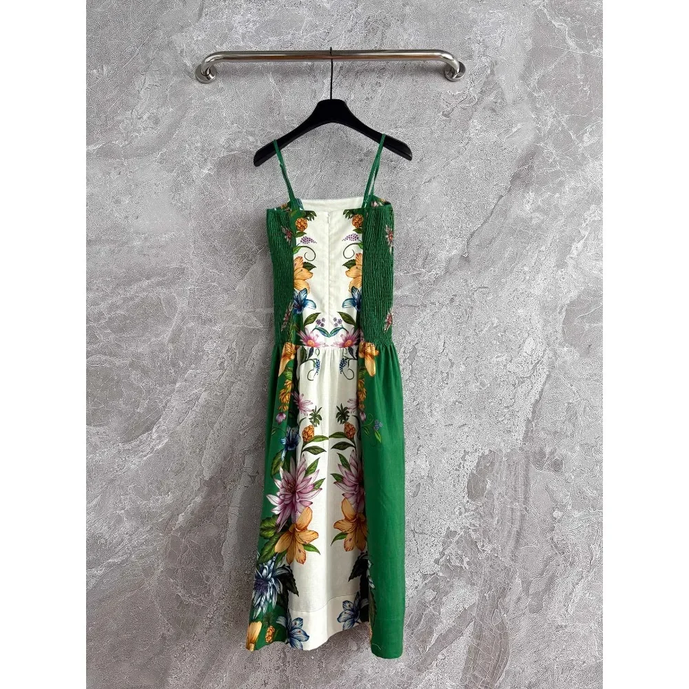 فستان حورية البحر بكشكشة مطرز بالخرز متوسط الطول 2025 موضة جديدة بطباعة بيزلي خضراء بدون أكمام