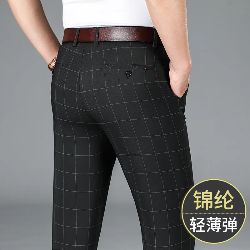 2024 Men's Summer Thin Breathable Plaid Casual Suit Pants Straight Business Trousers