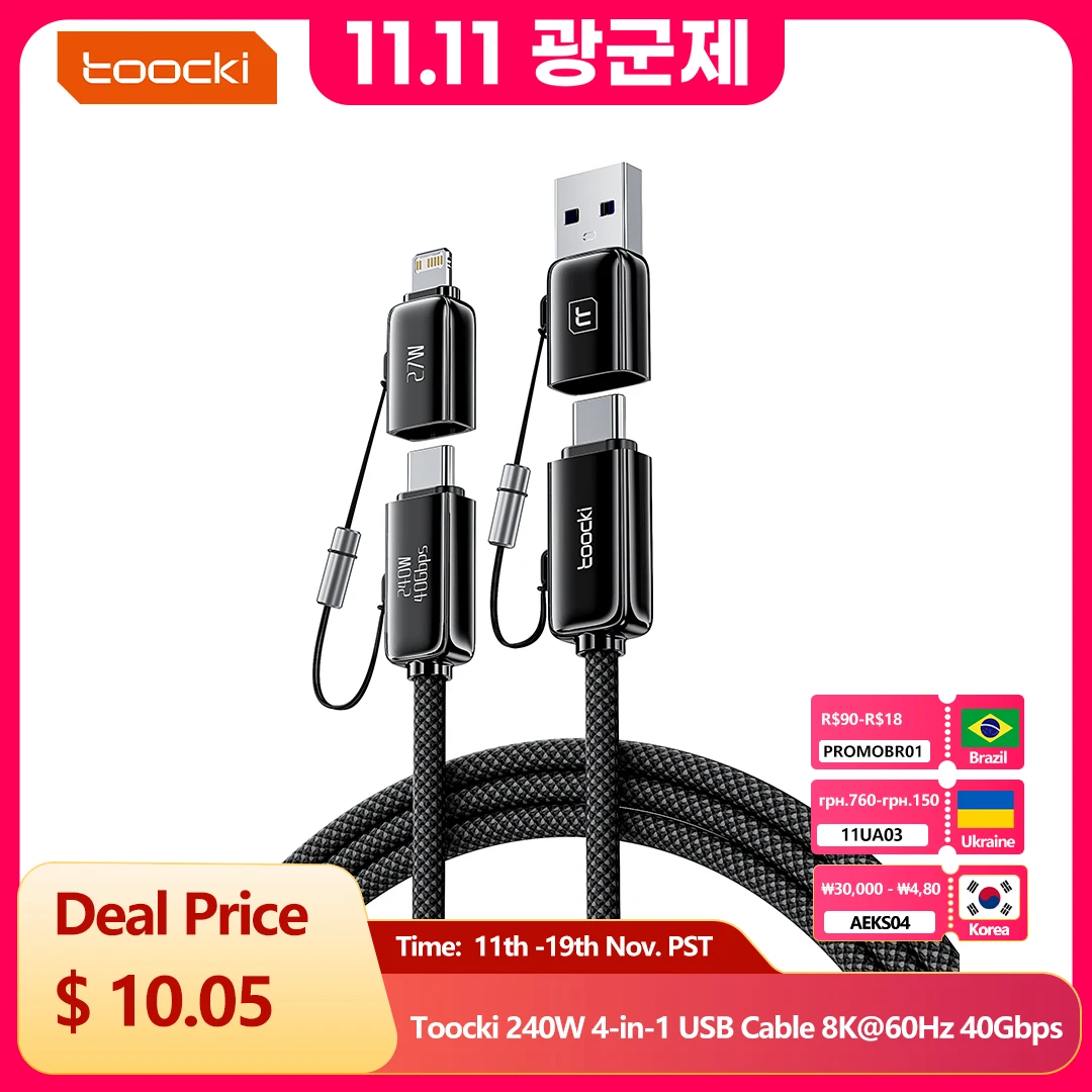 

Toocki 240W 4-in-1 USB Cable PD 3.1 USB C To Type C TO Lighting 8K@60Hz 40Gbps Data Cable For iPhone 16 15 Samsung S23 Macbook