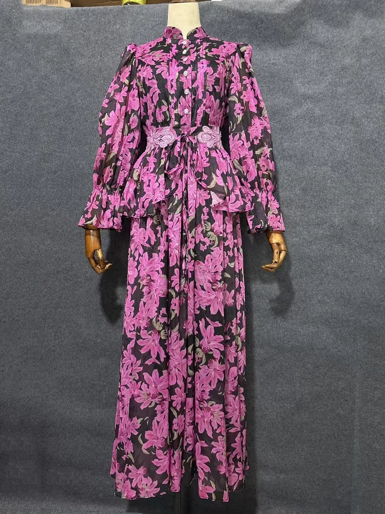 Retro printed round-neck single-breasted applique cinched waist dress 2025 Autumn women's fashion loose large-swing puffy dress