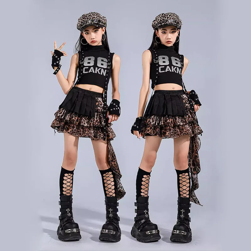 

Kid Kpop Punk Hip Hop Clothing Black Mock Neck Strap Crop Tank Top Leopard Layered Skirt for Girls Street Dance Costumes Clothes