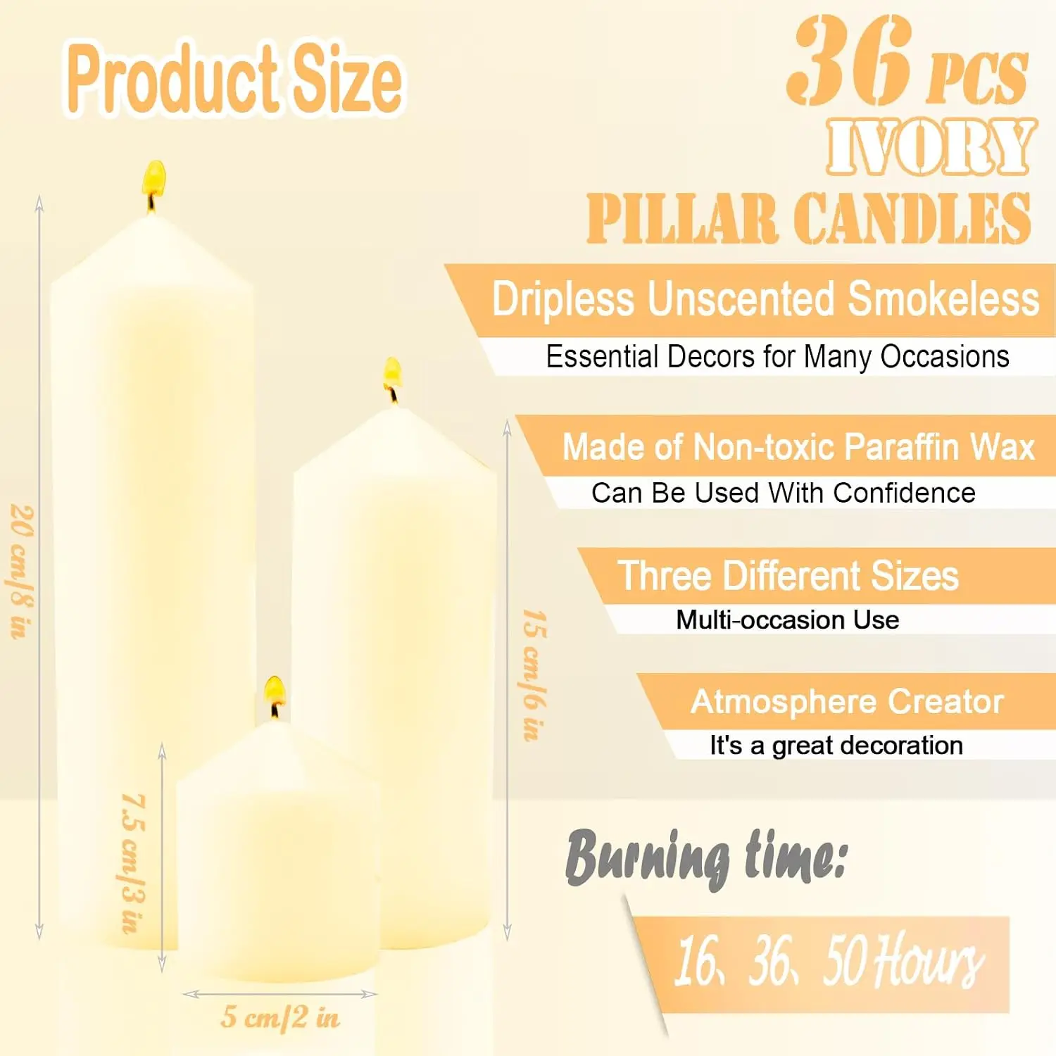 36 Pcs Ivory Pillar Candles Bulk Set，2x3 2x6 2x8 Inch - 12 Each Size，Hurricane Candles，Dripless Unscented Smokeless，Gives You a Better Atmosphere When Organizing Wedding or Event Party.