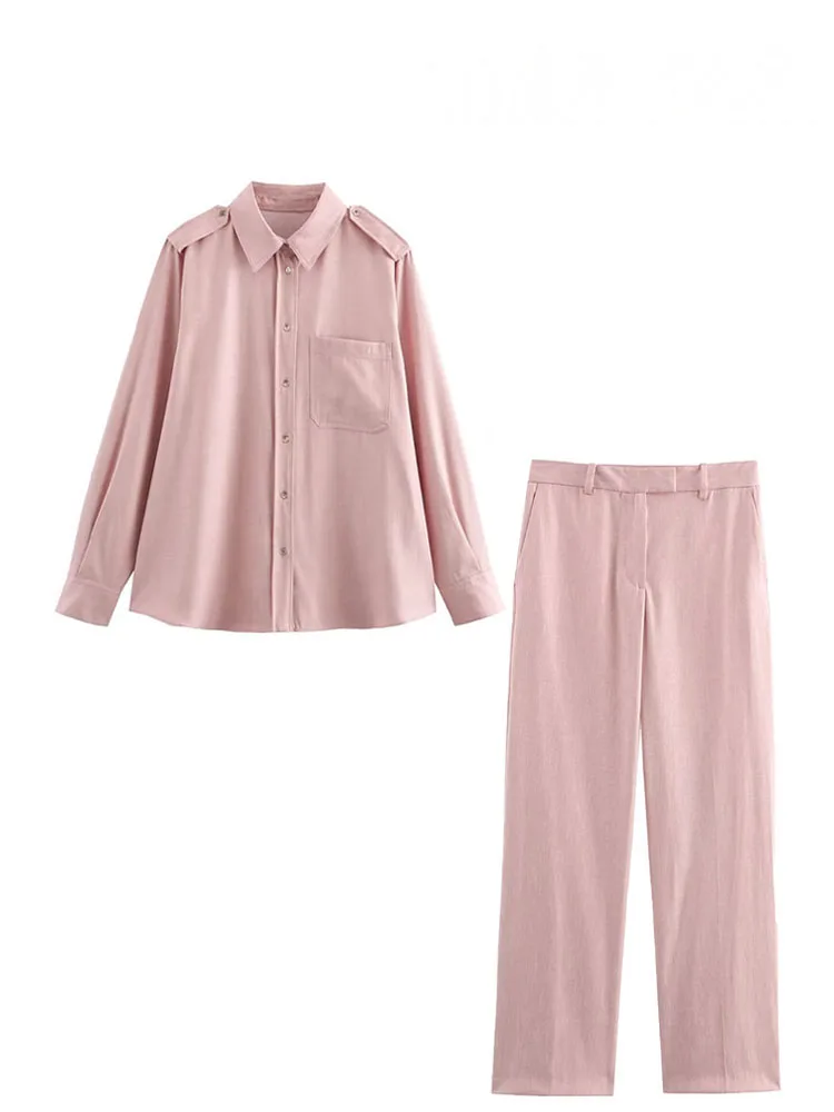 TRAFZA Abito alla moda da donna Rosa Colletto rovesciato Manica lunga Camicie monopetto + Pantaloni lunghi a vita alta Set primaverili femminili