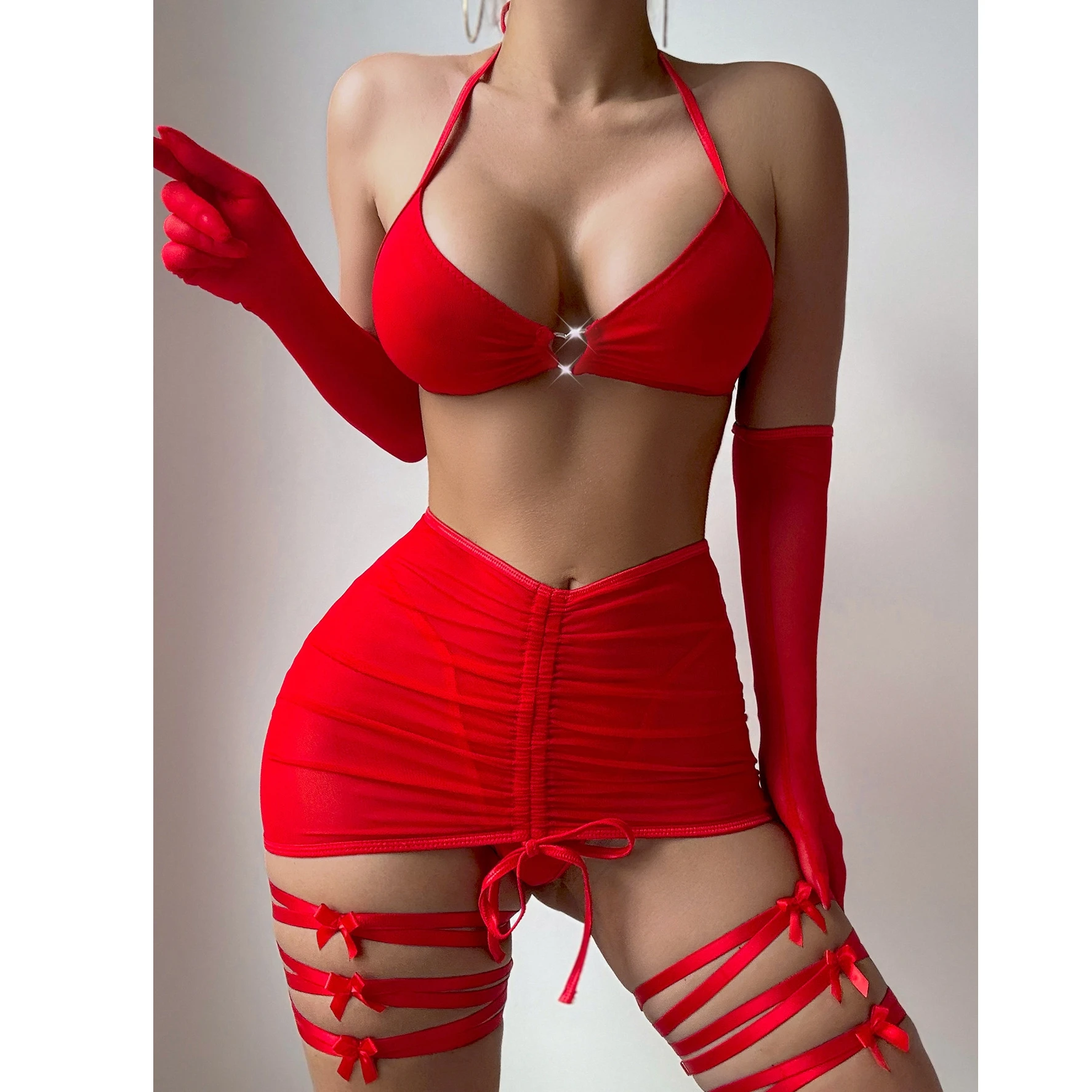 

Women Lingerie Nightwear Set Solid Color Sleeveless Bra Thong Drawstring Bodycon Skirt Long Gloves Thigh Straps Sleepwear Suit
