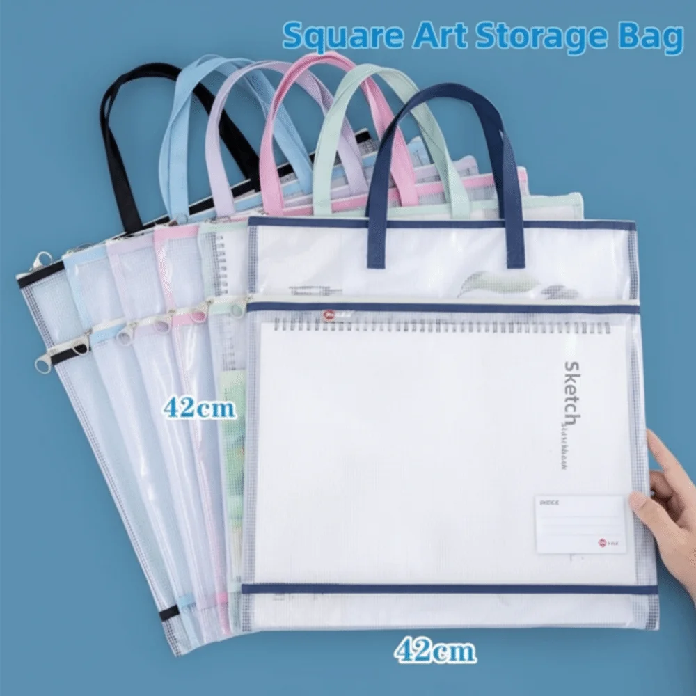 New with Zipper and Handle Project Bag Mesh PVC Large Capacity Mesh Art Bag Waterproof Thickened Storage Bag Office Supplies