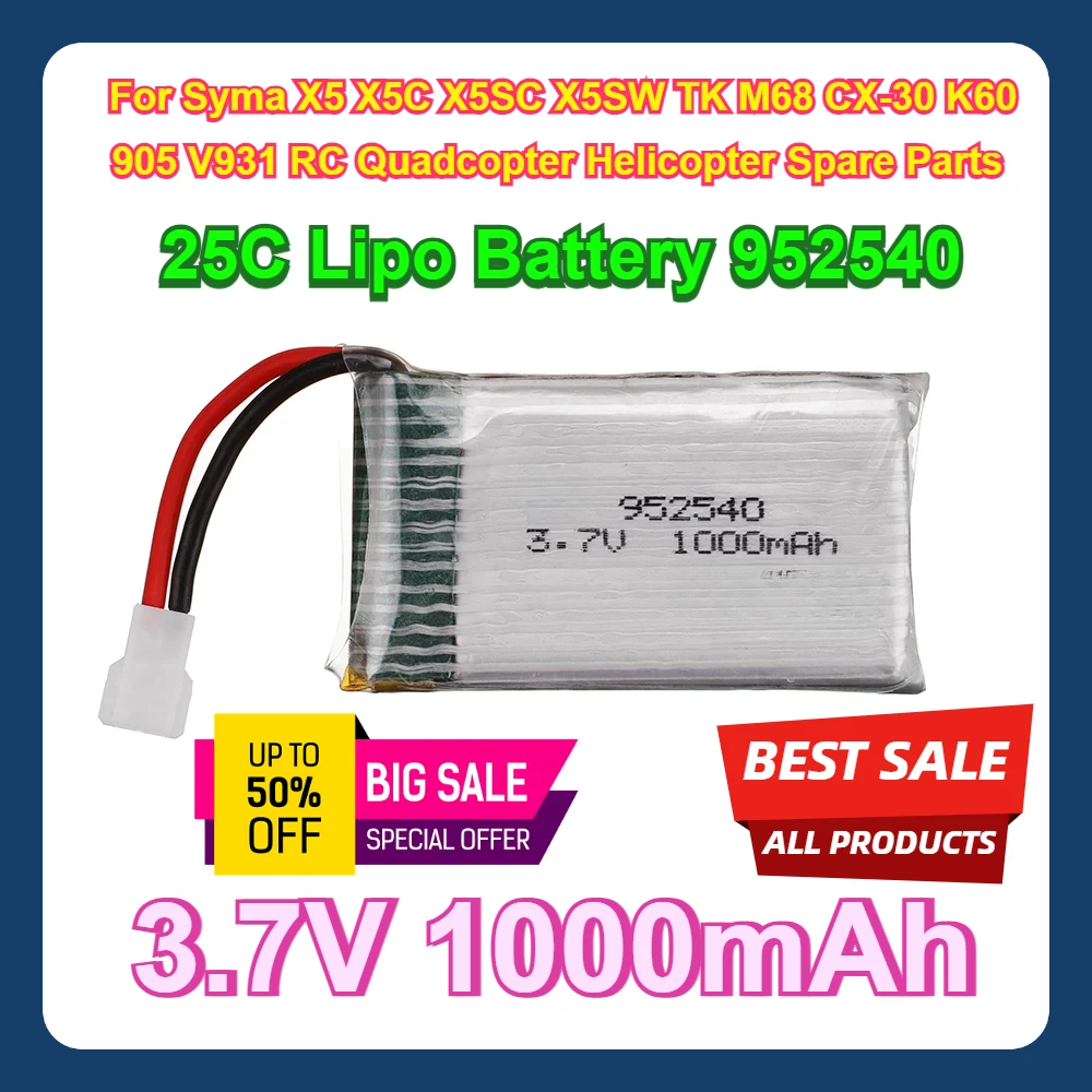 

10Pcs For Syma X5 X5C X5SC X5SW TK M68 CX-30 K60 905 V931 RC Quadcopter Helicopter Spare Parts 3.7V 1000mAh 25C Lipo Battery