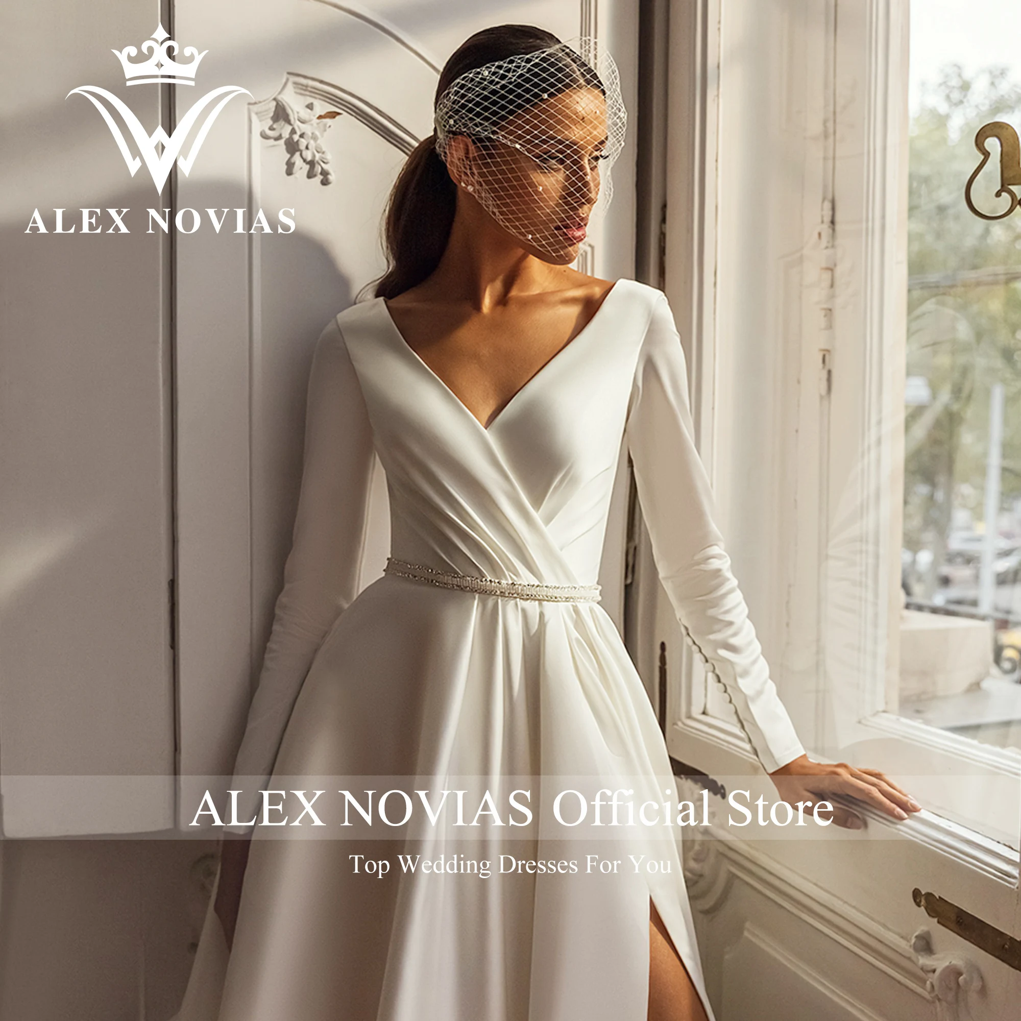 ALEX NOVIAS A-Line ชุดแต่งงานคริสตัลเข็มขัด2023 Vintage V คอแขนยาวผ้าซาตินชุดเจ้าสาว Vestido Novias De Saten