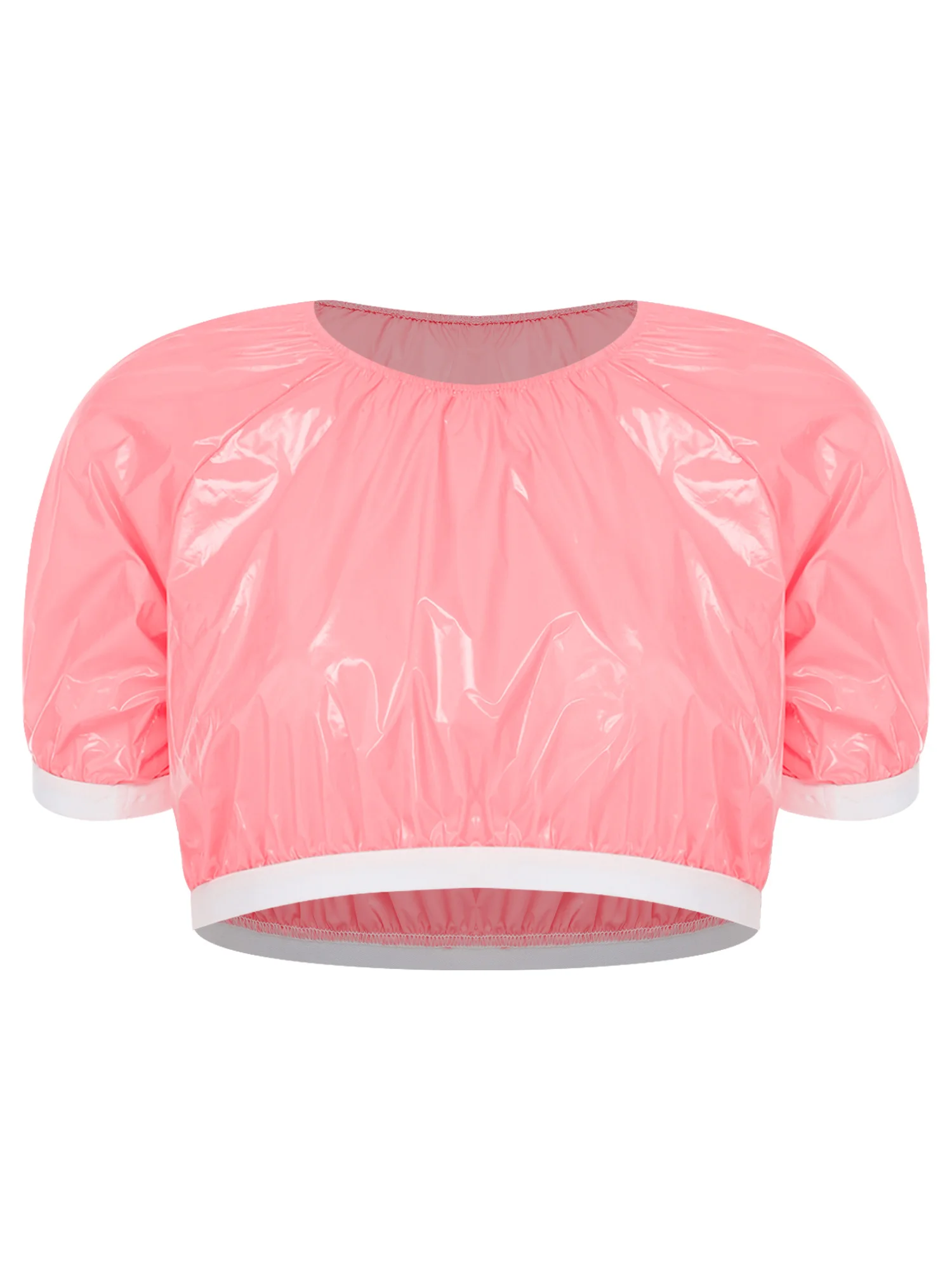 Women Waterproof Glossy Vinyl 2-piece Set Short Sleeve Crop Top and Plastic Miniskirt Swimwear Cover-up Special Needs Clothing image 5